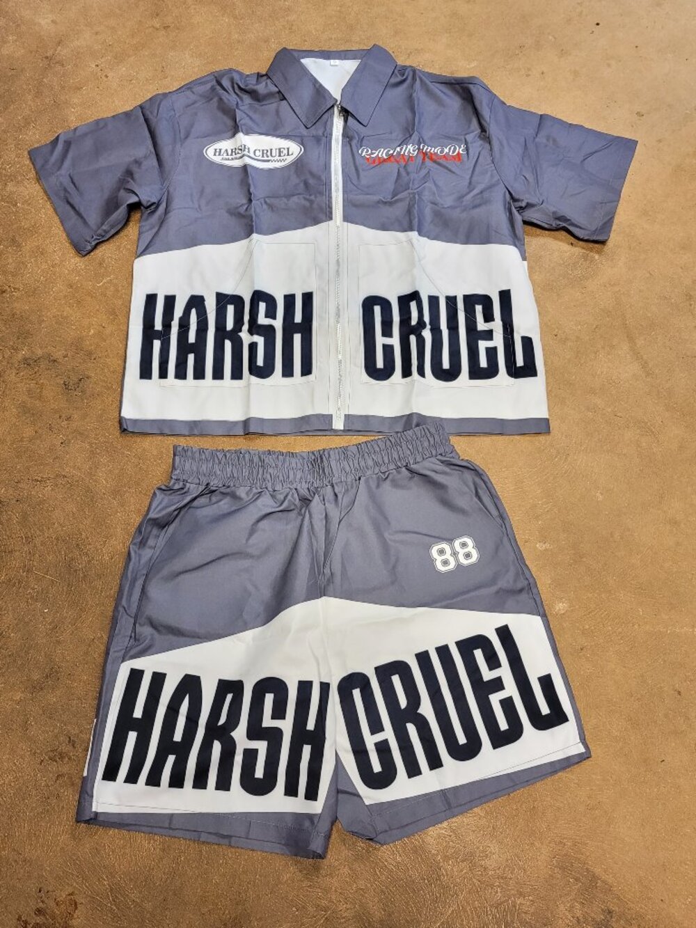 Harsh and Cruel Racing Racingcore Streetwear Set Co-ord Gray White 88 Moto Y2K